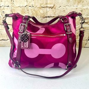 COACH GRAPIC RILEY OP ART SATCHEL CONVERTIBLE PLUM MULTI SATEEN/LEATHER 15530